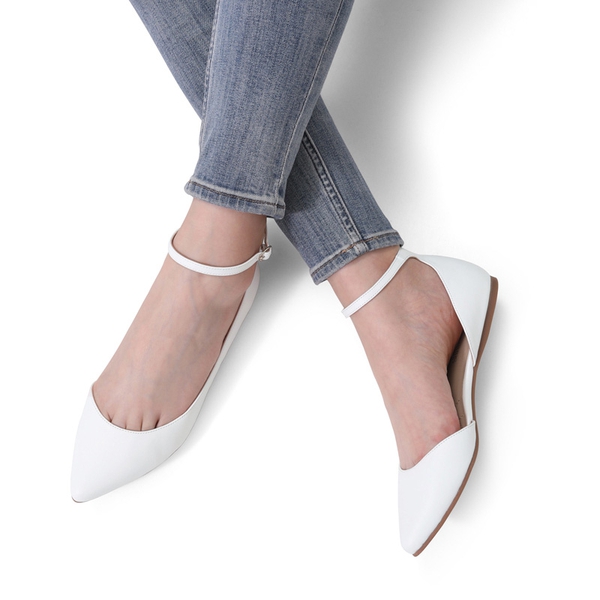 Pointed Toe Ankle Strap Ballet Flats Shoes - WHITE PU - 1